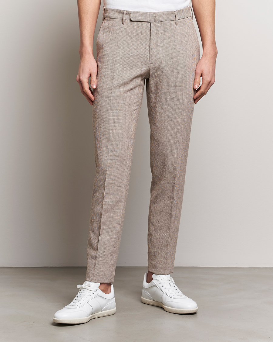 Herr | Linnebyxor | Incotex | Slim Fit Cotton/Linen Micro Houndstooth Trousers Beige