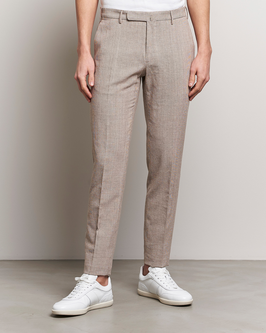 Herr | Avdelningar | Incotex | Slim Fit Cotton/Linen Micro Houndstooth Trousers Beige