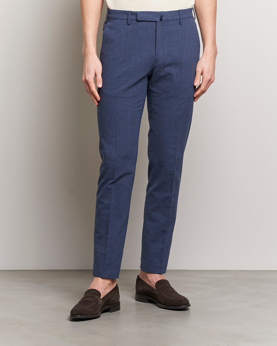 Herr | Linnebyxor | Incotex | Slim Fit Cotton/Linen Micro Houndstooth Trousers Dark Blue