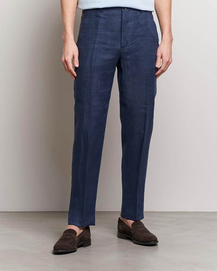Herre |  | Incotex | Straight Fit Pure Linen Trousers Navy