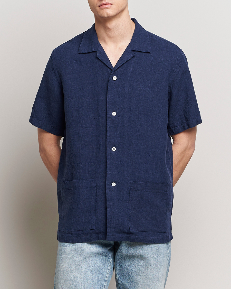 Herr | Casual | Kamakura Shirts | Vintage Ivy Heavy Linen Beach Shirt Navy