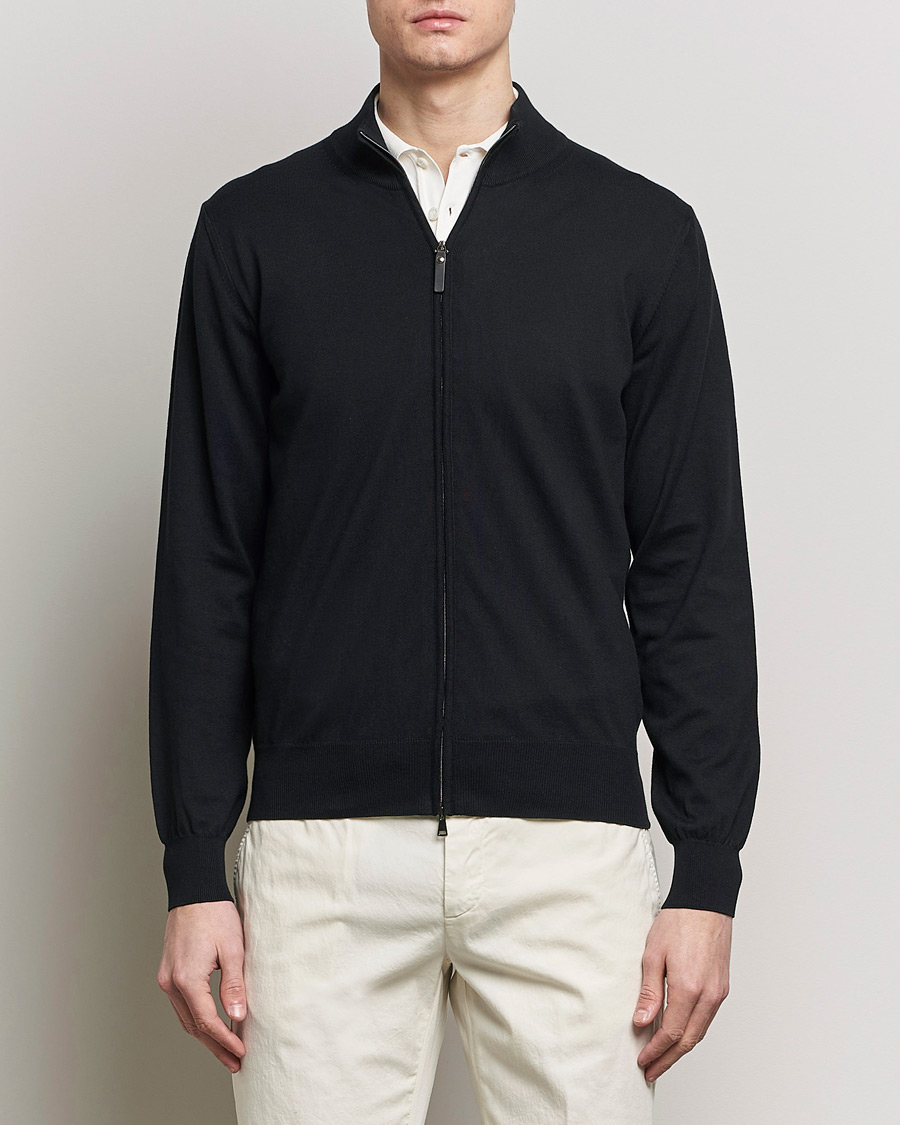 Herr | Quiet Luxury | Canali | Cotton Full Zip Sweater Black