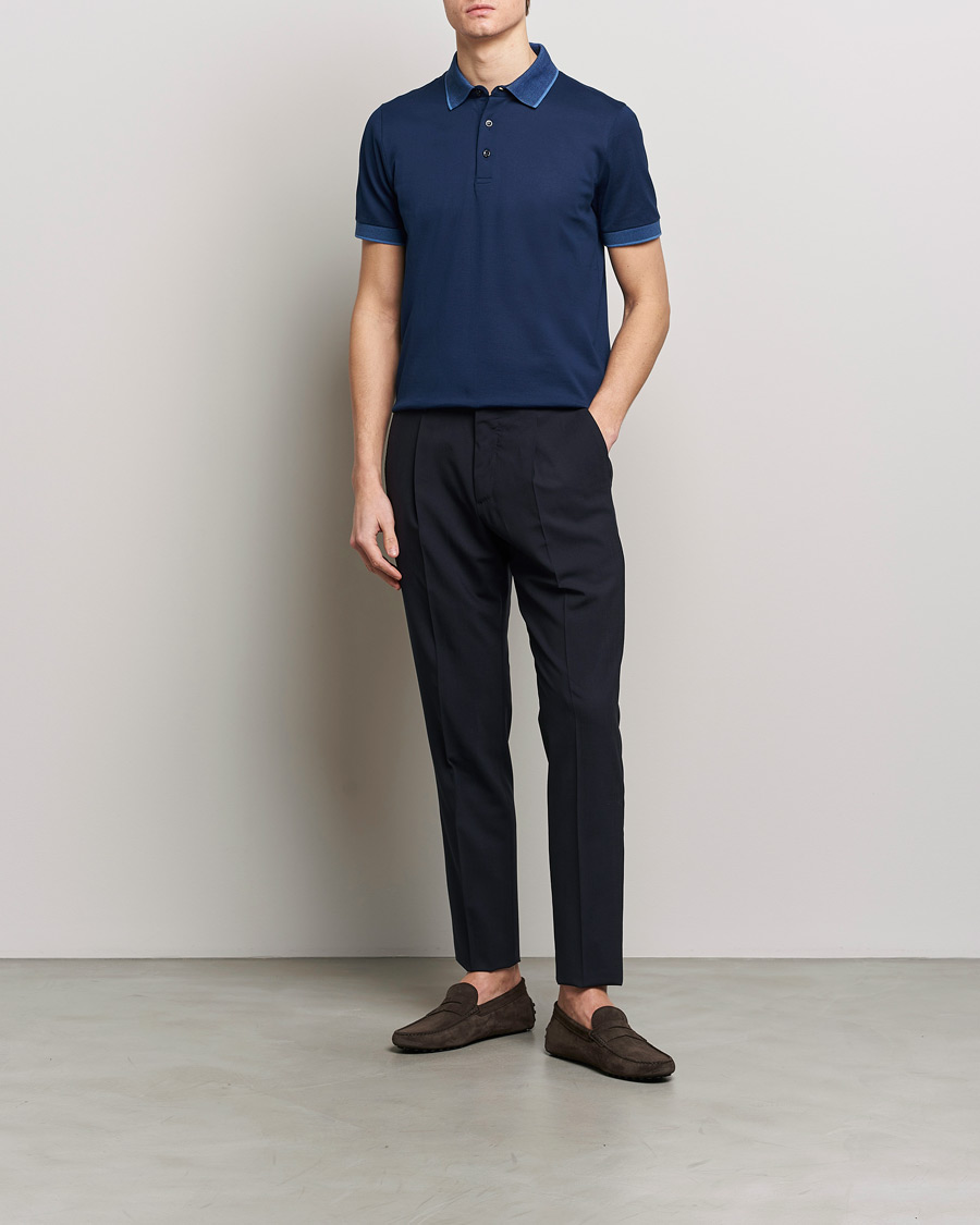 Herr | Pikéer | Canali | Contrast Collar Short Sleeve Polo Dark Blue