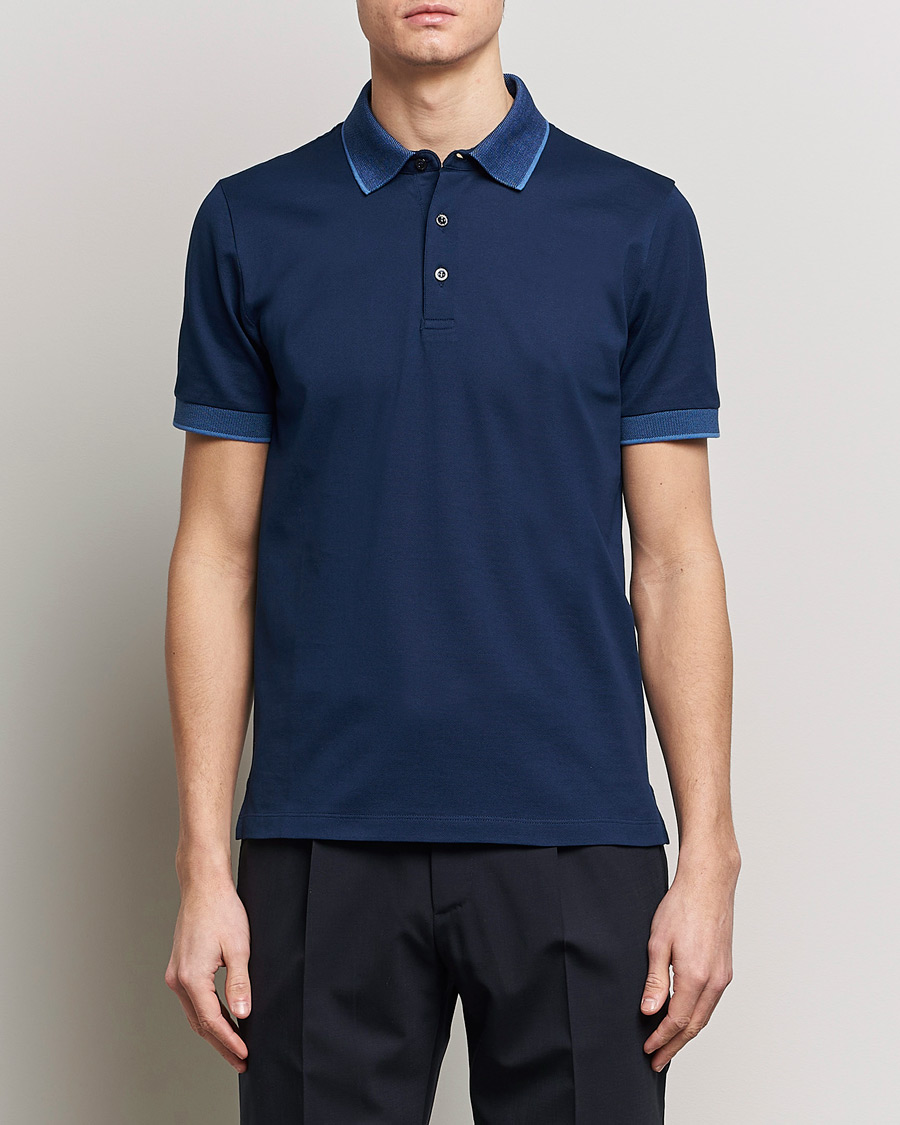 Herr | Quiet Luxury | Canali | Contrast Collar Short Sleeve Polo Dark Blue