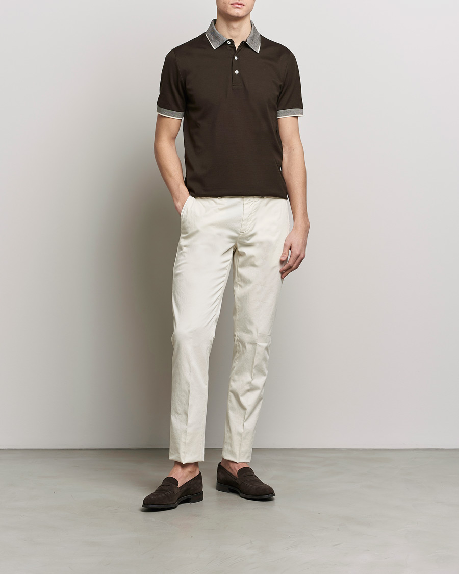 Herr | Pikéer | Canali | Contrast Collar Short Sleeve Polo Dark Brown