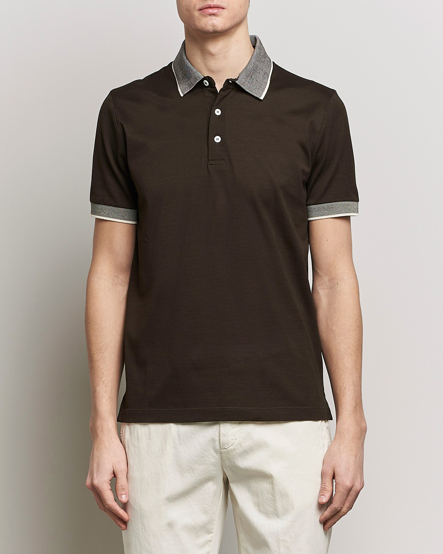 Herr | Quiet Luxury | Canali | Contrast Collar Short Sleeve Polo Dark Brown
