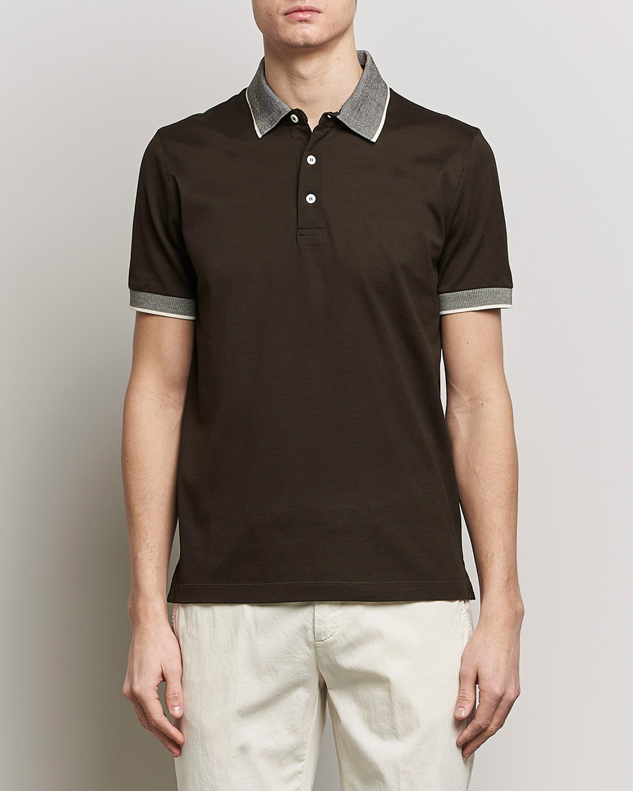 Herr | Avdelningar | Canali | Contrast Collar Short Sleeve Polo Dark Brown