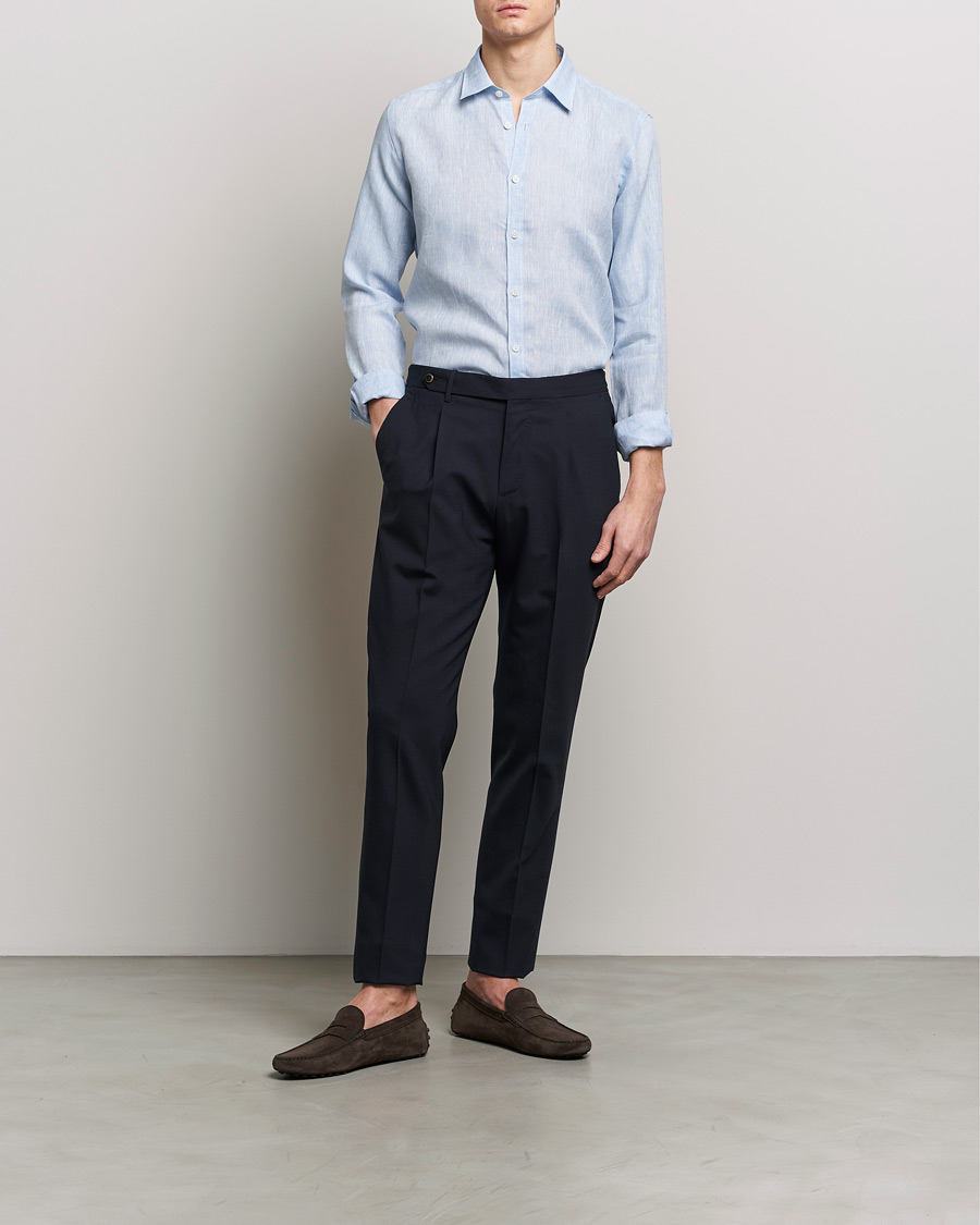 Herr | Skjortor | Canali | Slim Fit Linen Sport Shirt Light Blue