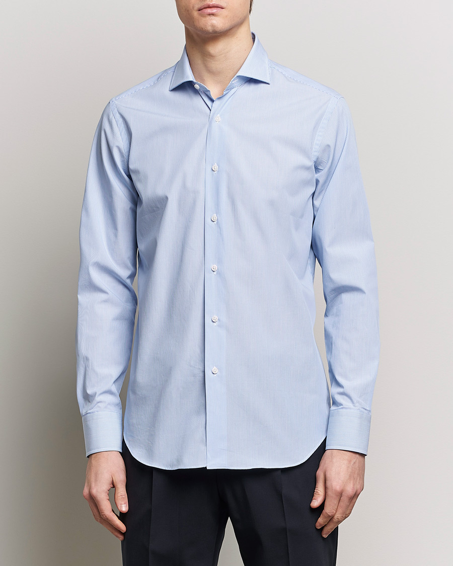 Herr | Formella | Grigio | Cotton Poplin Dress Shirt Light Blue Stripe