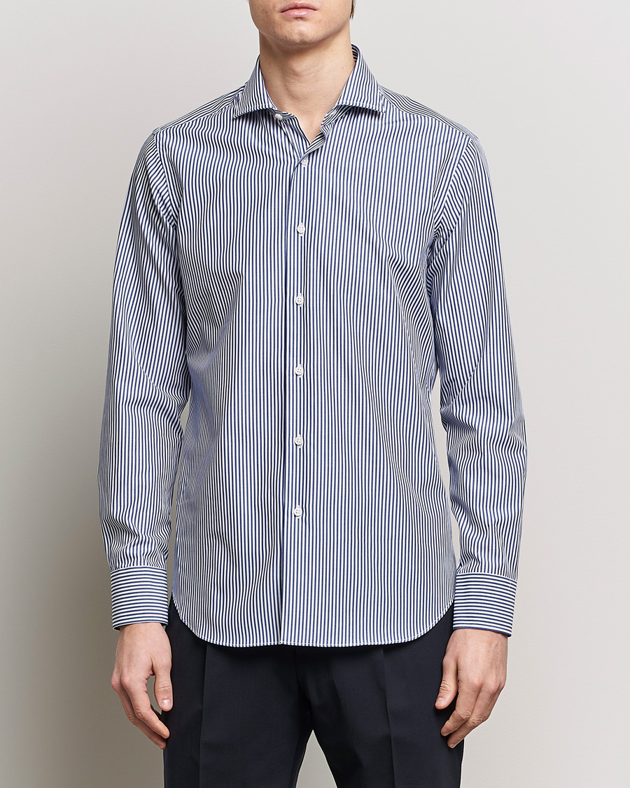 Herr | Formella | Grigio | Cotton Poplin Dress Shirt Blue Stripe