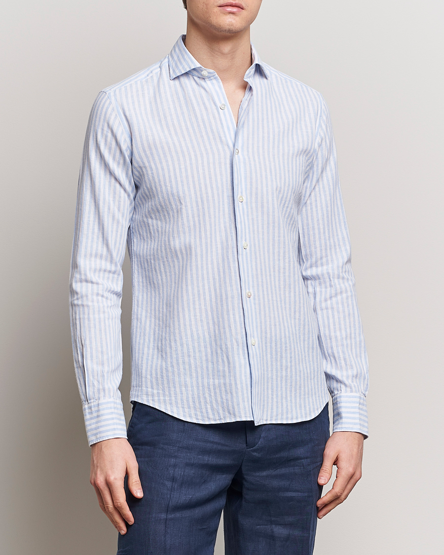 Herr |  | Grigio | Washed Linen Shirt Light Blue Stripe