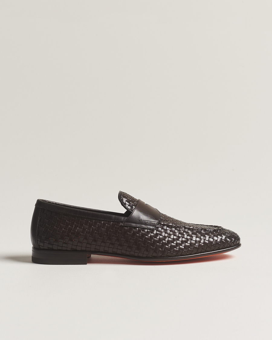 Herr | Santoni Braided Penny Loafers Dark Brown Calf | Santoni | Braided Penny Loafers Dark Brown Calf