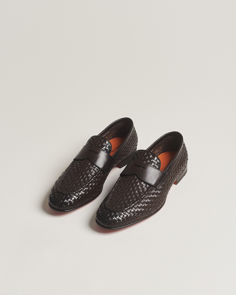Herr | Santoni Braided Penny Loafers Dark Brown Calf | Santoni | Braided Penny Loafers Dark Brown Calf