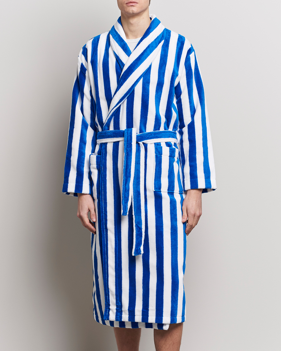 Herr | Morgonrockar | Derek Rose | Cotton Velour Striped Gown Blue/White