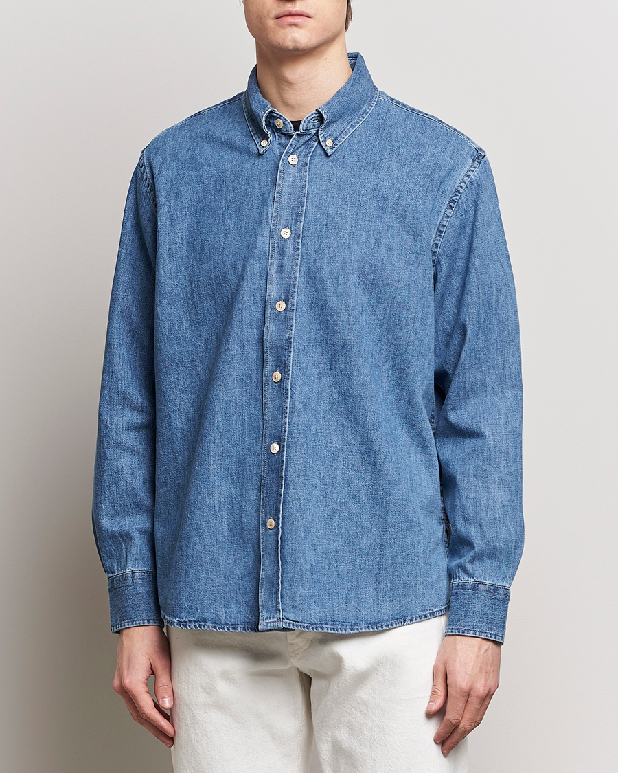 Herre |  | Sunflower | Denim Button Down Shirt Mid Blue