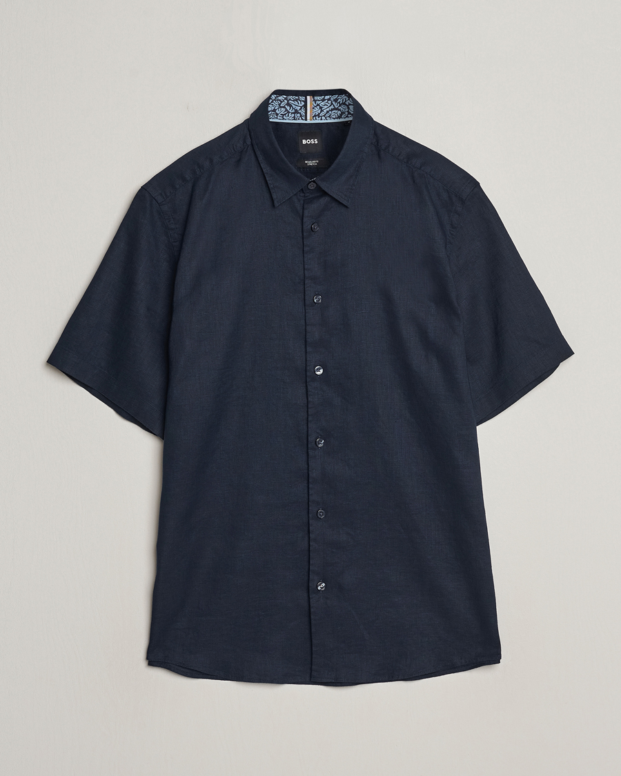 Herr | Skjortor | BOSS BLACK | Liam Short Sleeve Linen Shirt Dark Blue
