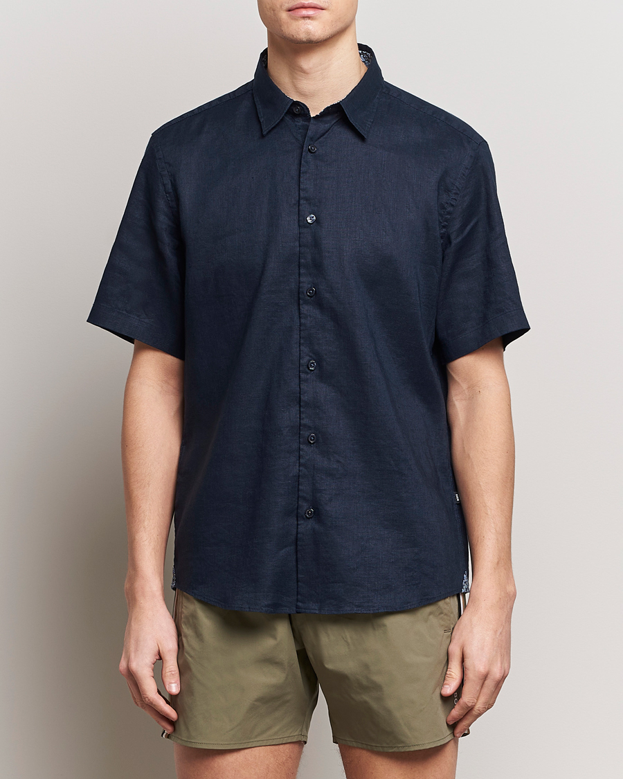 Herr | Skjortor | BOSS BLACK | Liam Short Sleeve Linen Shirt Dark Blue