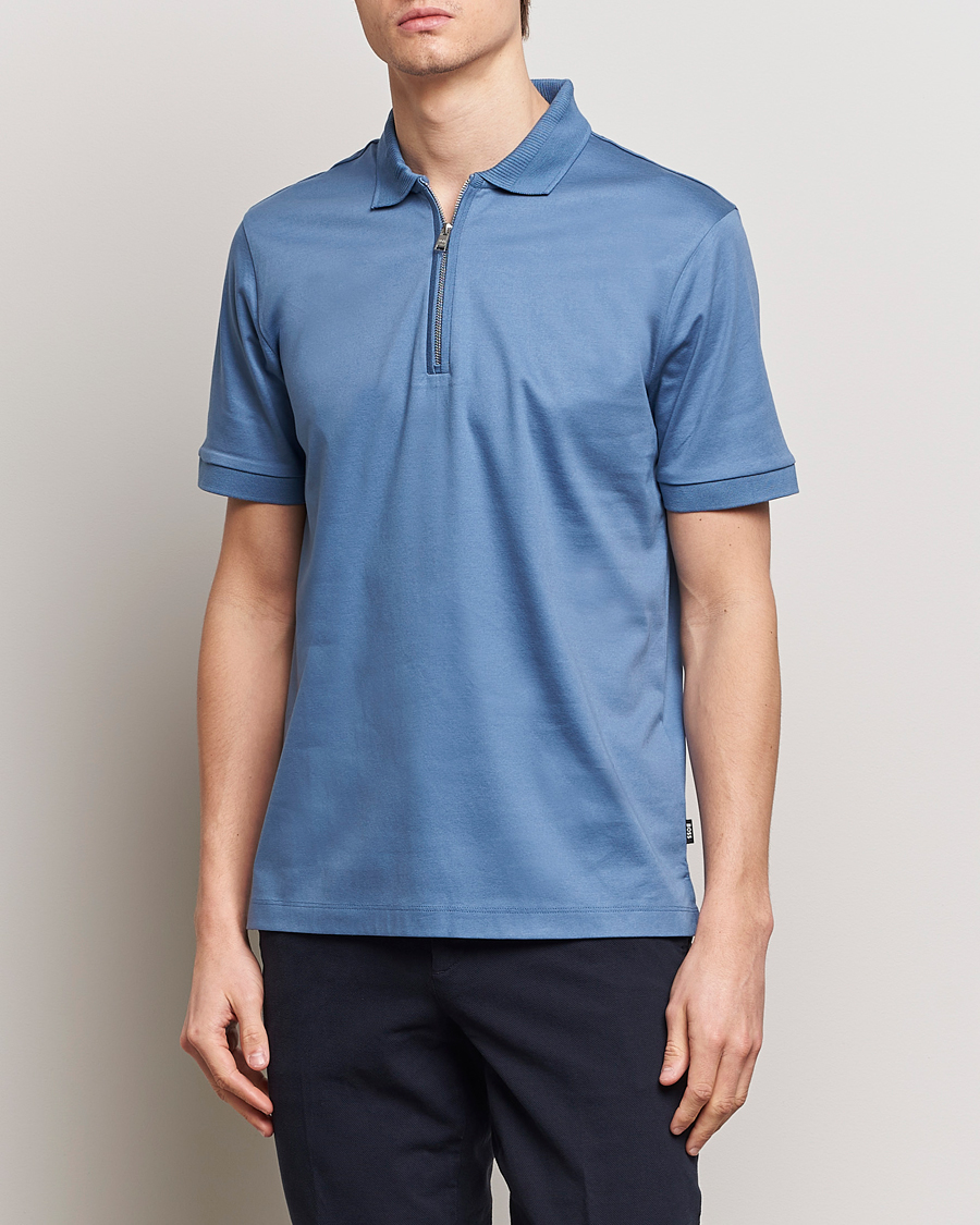 Men | Polo Shirts | BOSS BLACK | Polston Half Zip Polo Light Blue