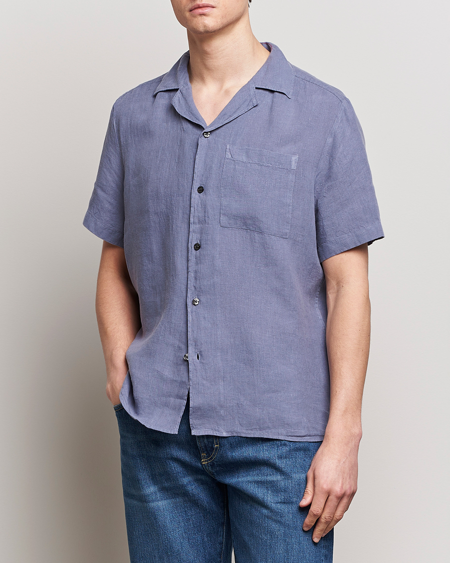 Herr | Casual | HUGO | Ellino Short Sleeve Linen Shirt Open Blue