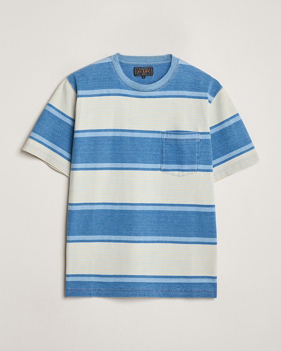 Herr | T-Shirts | BEAMS PLUS | Indigo Dyed Striped T-Shirt Sax Blue