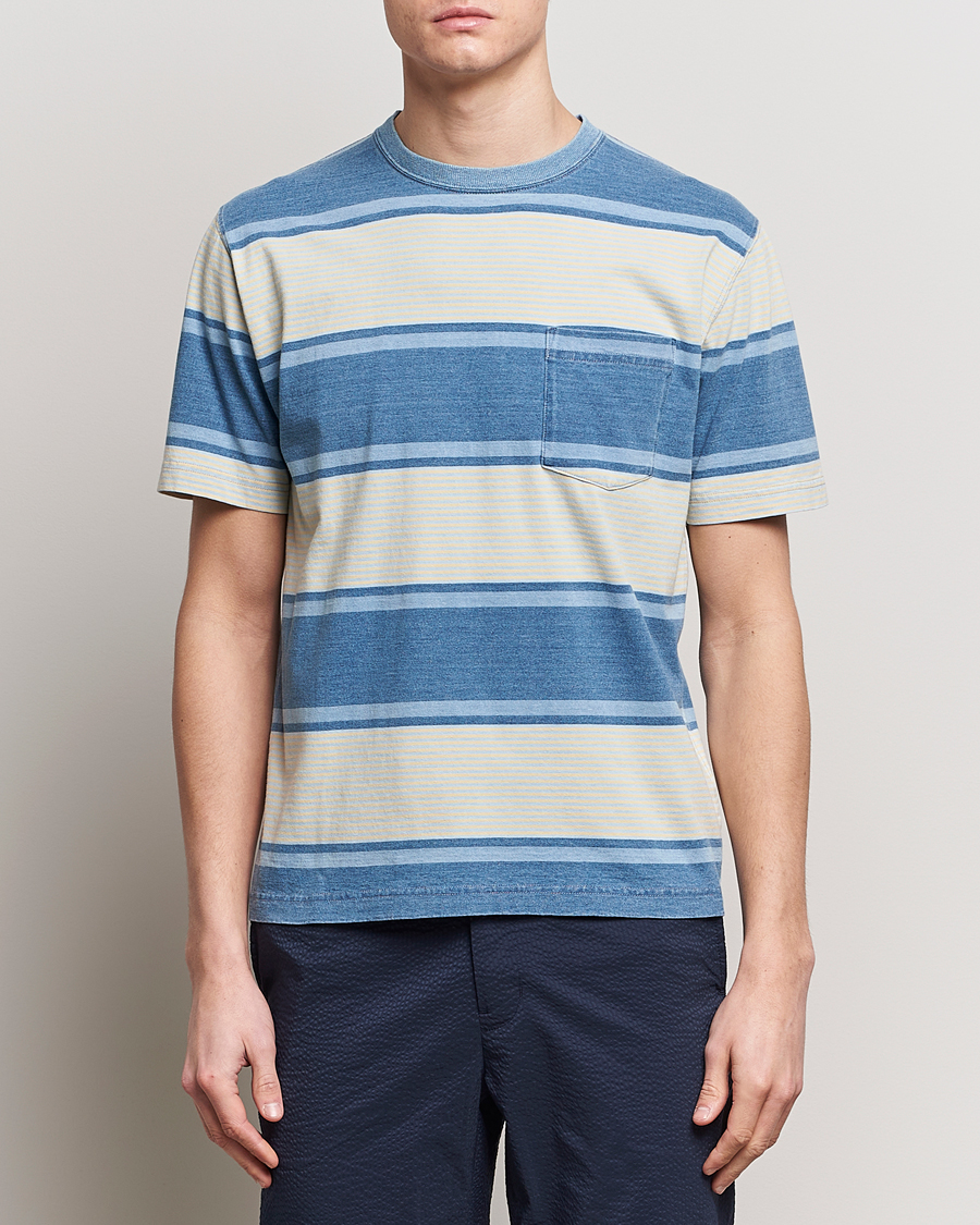 Herr | T-Shirts | BEAMS PLUS | Indigo Dyed Striped T-Shirt Sax Blue