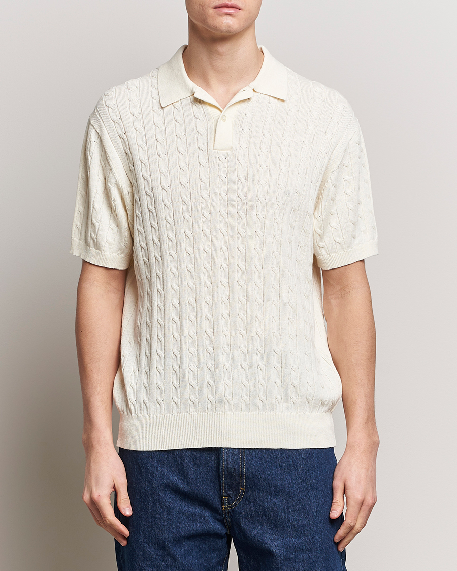 Herr | Kortärmade pikéer | BEAMS PLUS | Cable Knit Short Sleeve Polo Off White