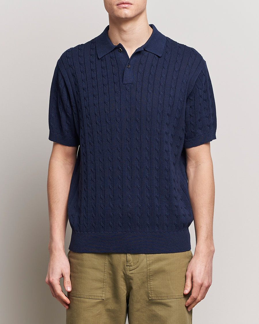 Herr | Kläder | BEAMS PLUS | Cable Knit Short Sleeve Polo Navy