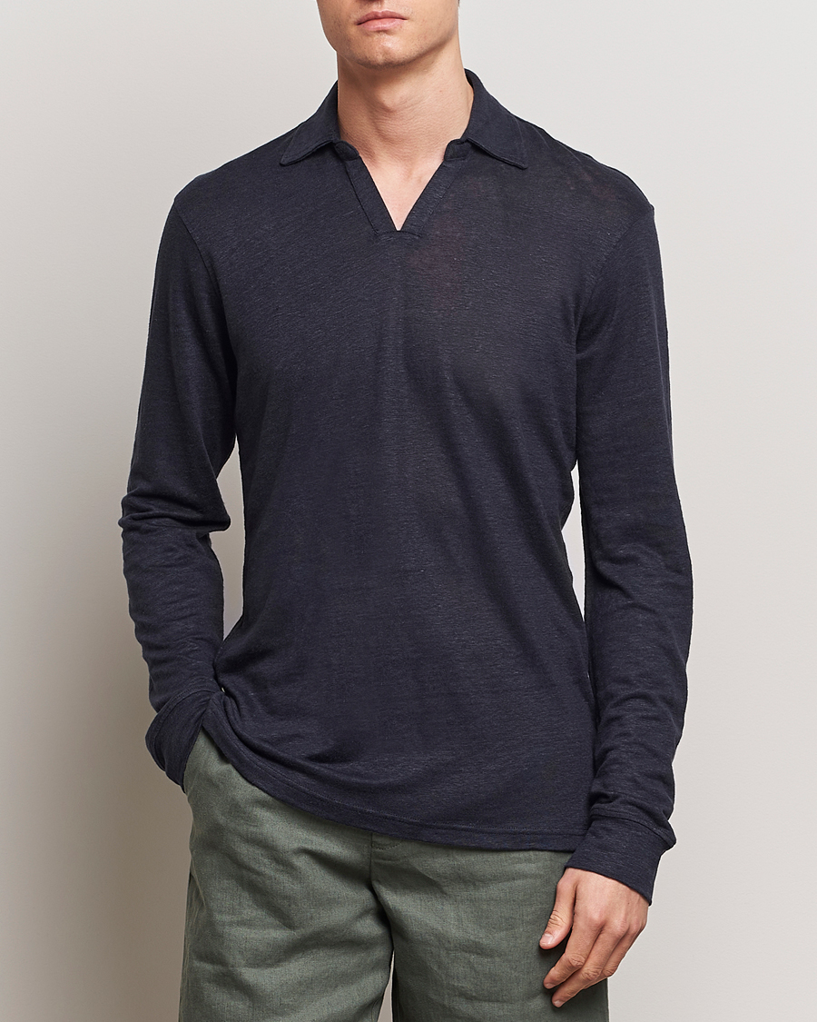 Herr | Tröjor | Orlebar Brown | Felix Long Sleeve Slub Linen Polo Night Iris