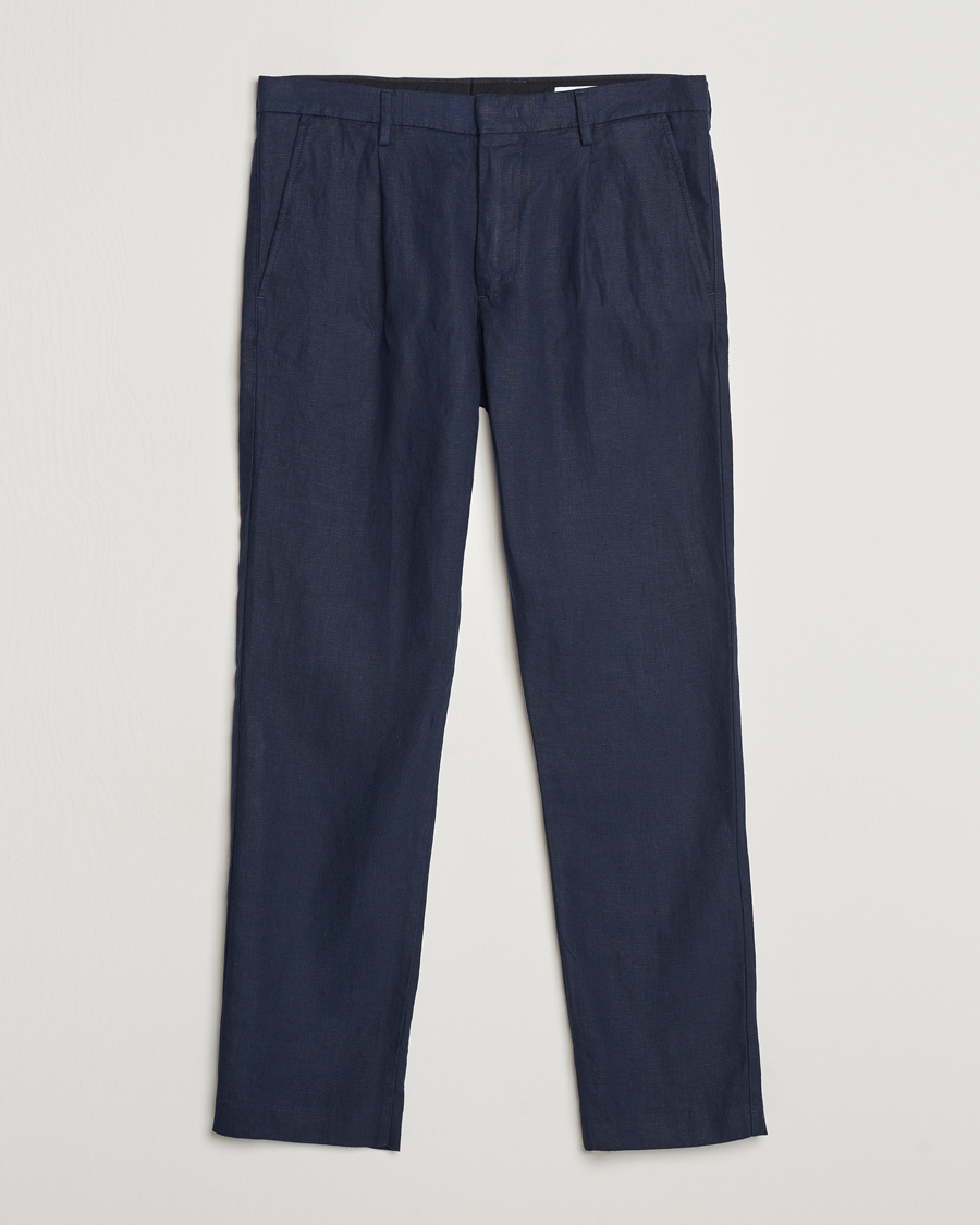 Herr | Byxor | NN07 | Bill Pleated Linen Trousers Navy Blue