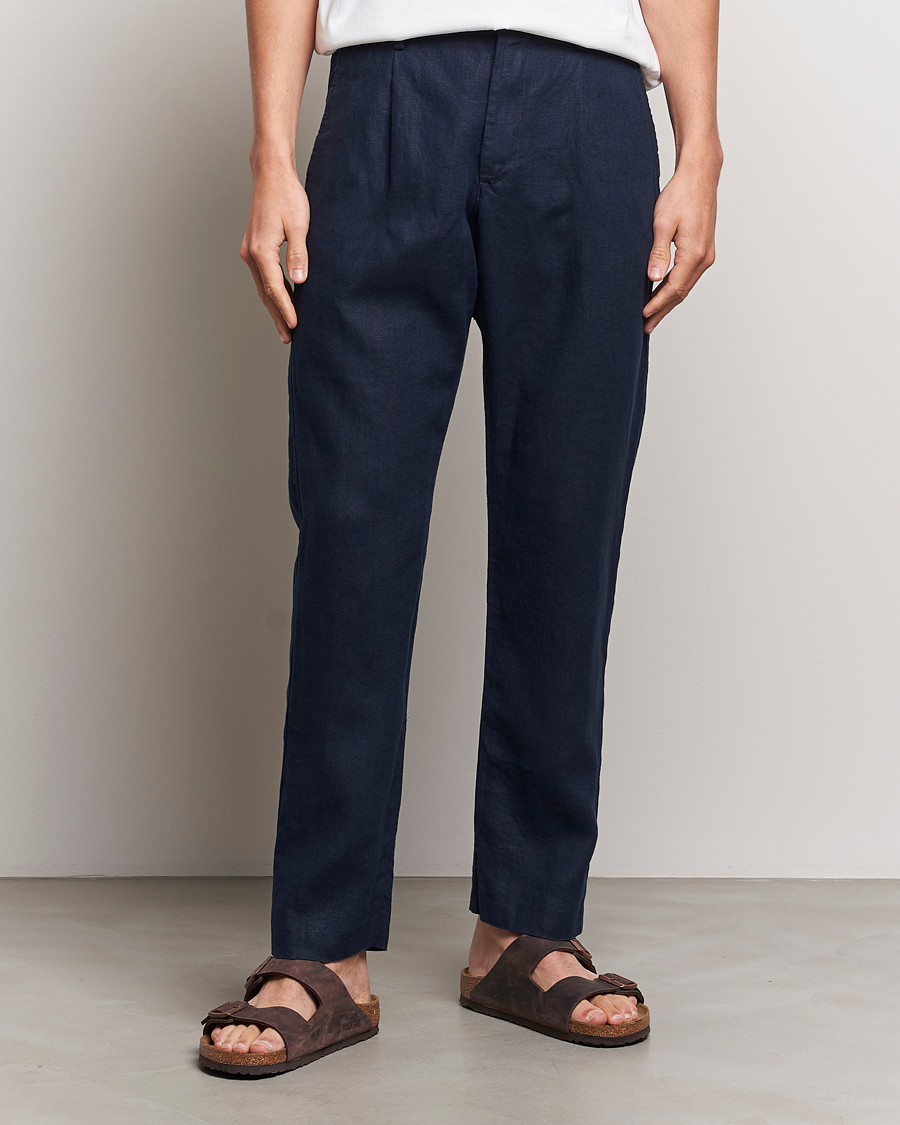 Herr | Senast inkommet | NN07 | Bill Pleated Linen Trousers Navy Blue