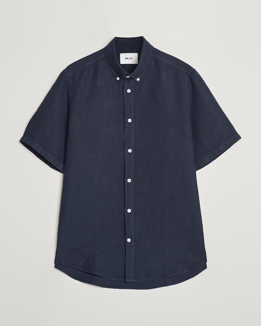Herr | Skjortor | NN07 | Arne Linen Short Sleeve Shirt Navy Blue