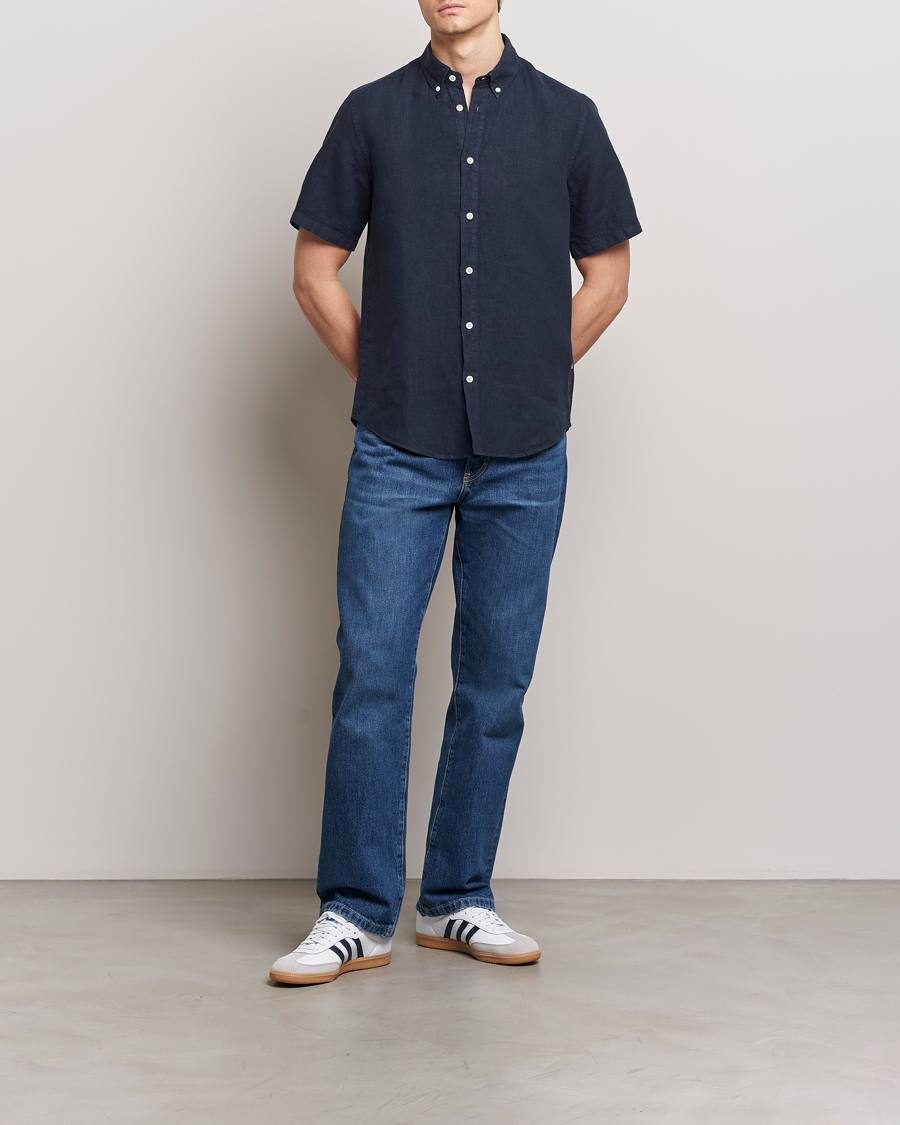 Herr | Skjortor | NN07 | Arne Linen Short Sleeve Shirt Navy Blue