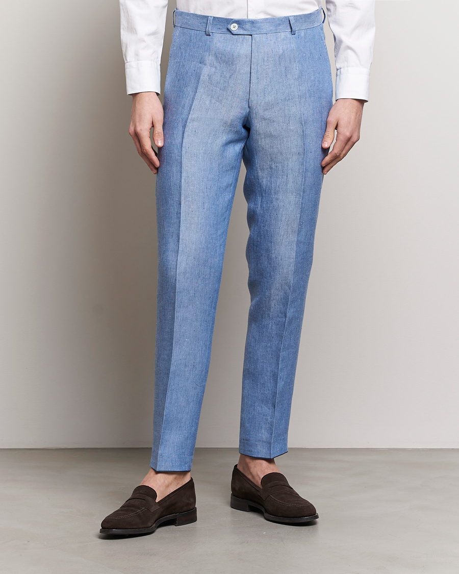 Herr | Byxor | Oscar Jacobson | Denz Linen Trousers Smog Blue