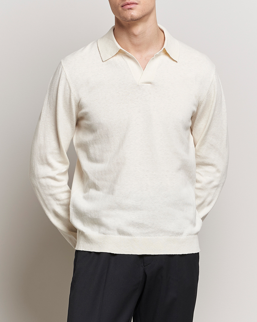 Herr | Stickade pikéer | A Day's March | Manol Cotton Linen Polo Off White