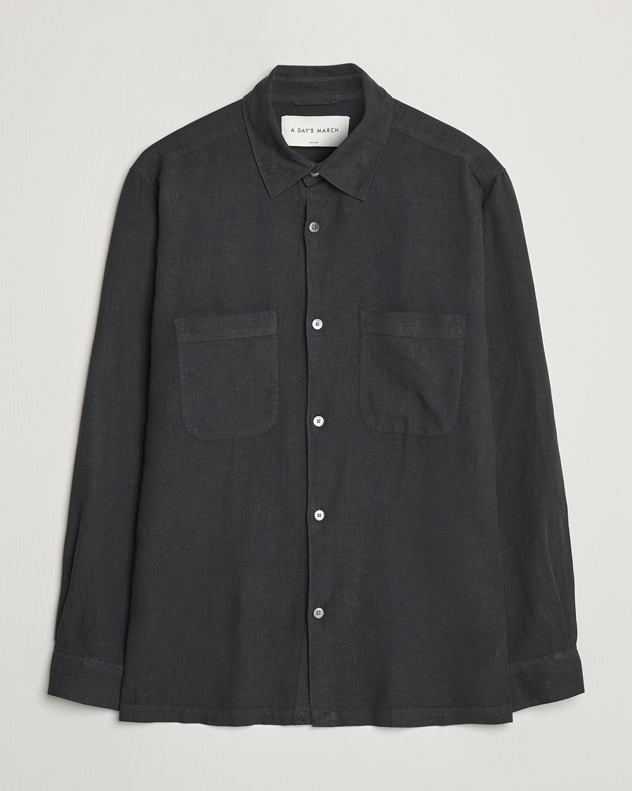 Herr | Skjortor | A Day's March | Balain Linen/Viscose Shirt Off Black