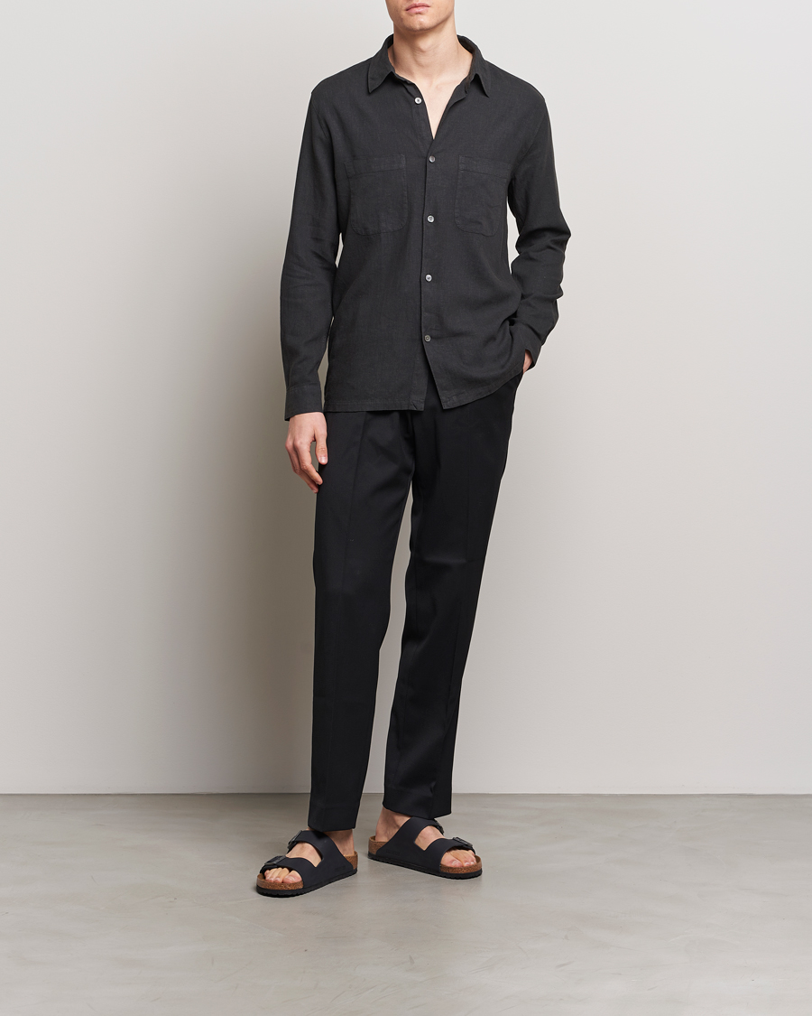 Herr | Skjortor | A Day's March | Balain Linen/Viscose Shirt Off Black