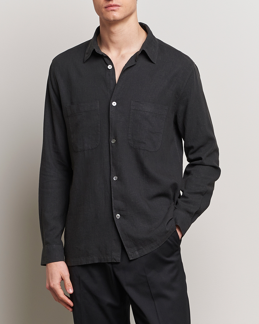 Herr | Kläder | A Day's March | Balain Linen/Viscose Shirt Off Black