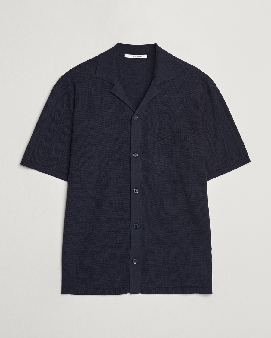 Herr | Skjortor | A Day's March | Yamu Knitted Herringbone Shirt Navy