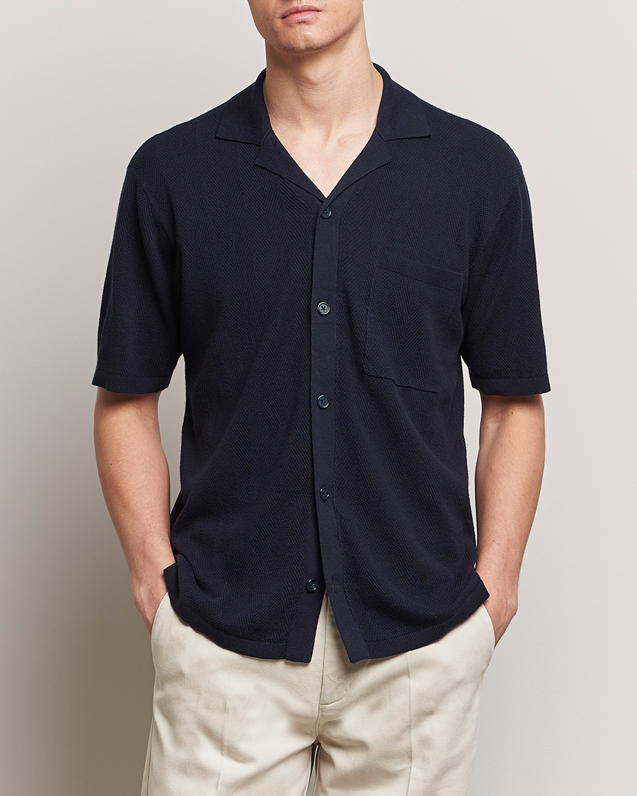 Herr | Kortärmade skjortor | A Day\'s March | Yamu Knitted Herringbone Shirt Navy