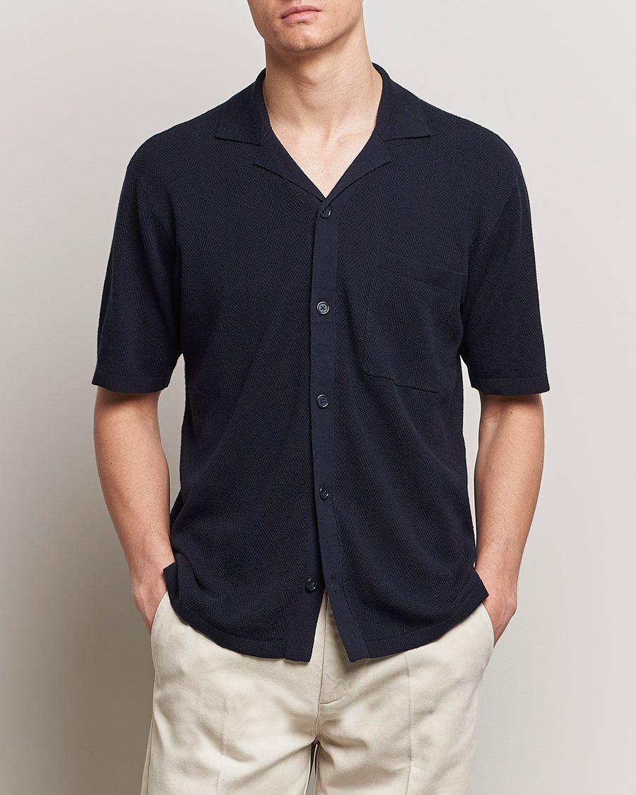 Herr | Casual | A Day's March | Yamu Knitted Herringbone Shirt Navy