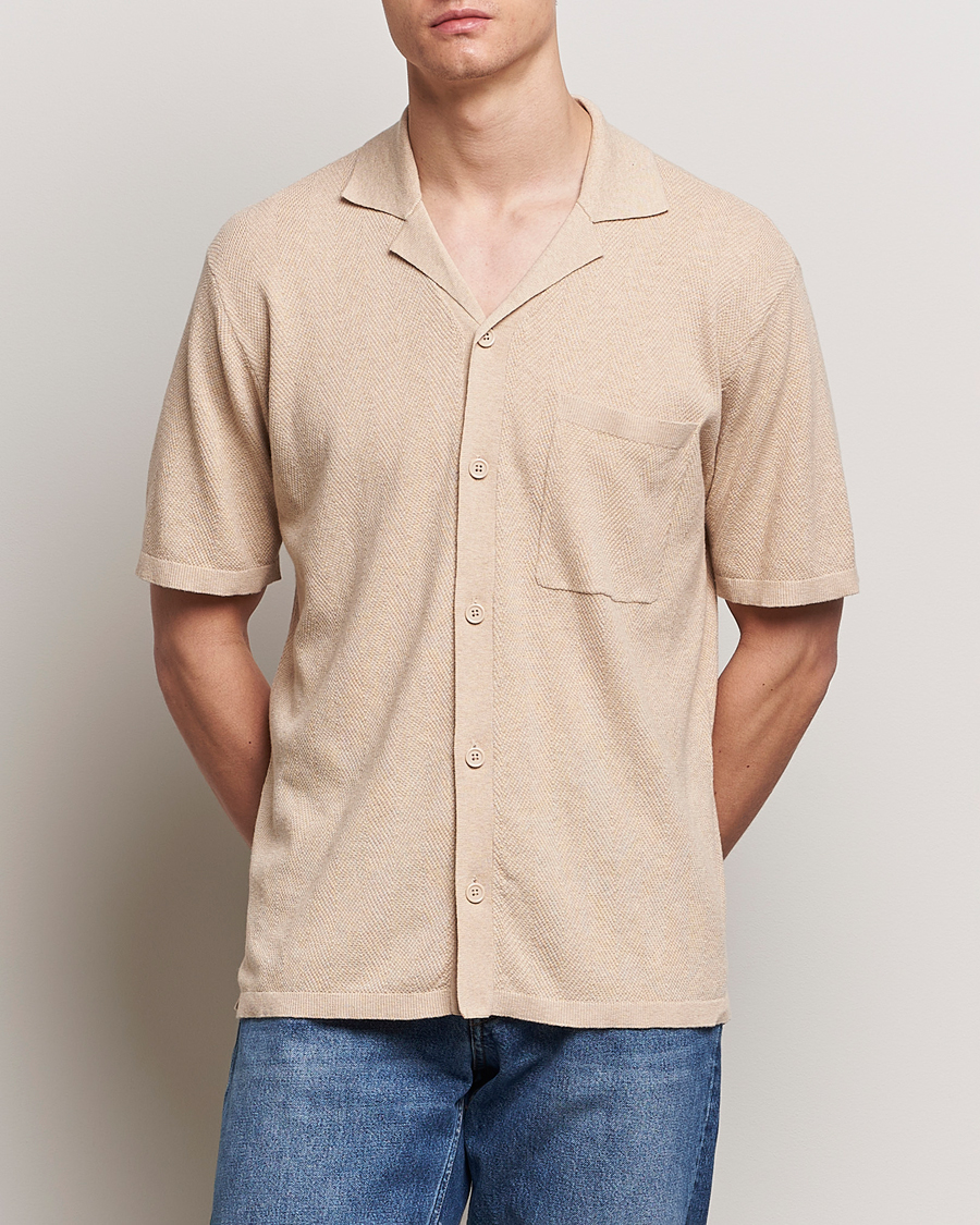 Herr | Kortärmade skjortor | A Day's March | Yamu Knitted Herringbone Shirt Oyster