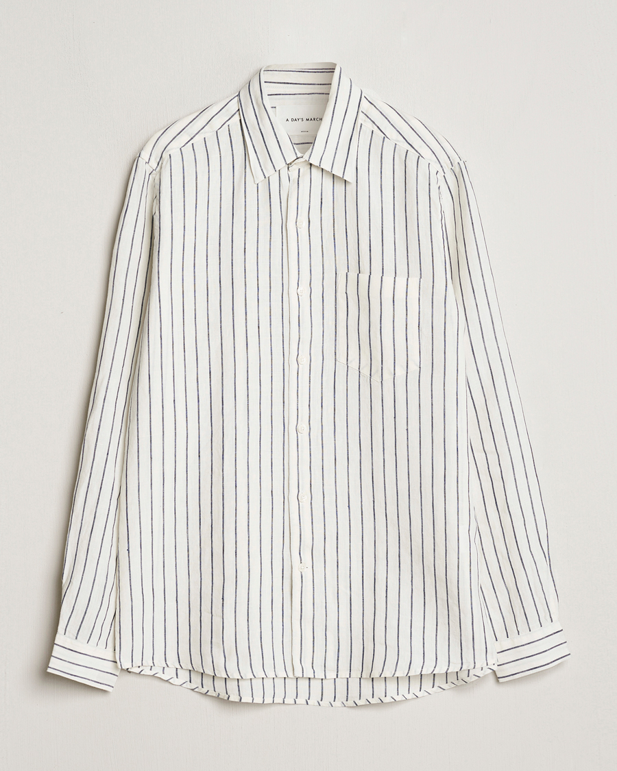 Herr |  | A Day's March | Abu Striped Linen Shirt White/Navy