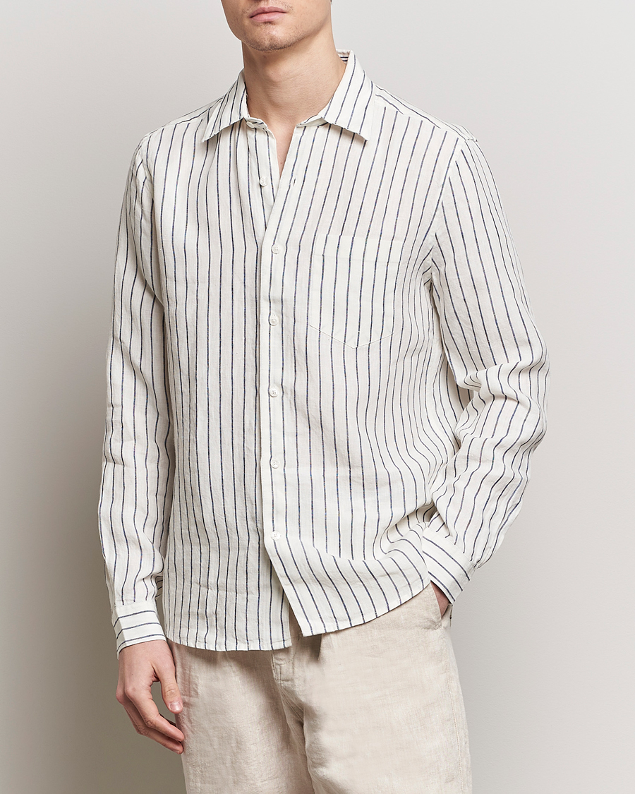 Herr | Skjortor | A Day's March | Abu Striped Linen Shirt White/Navy