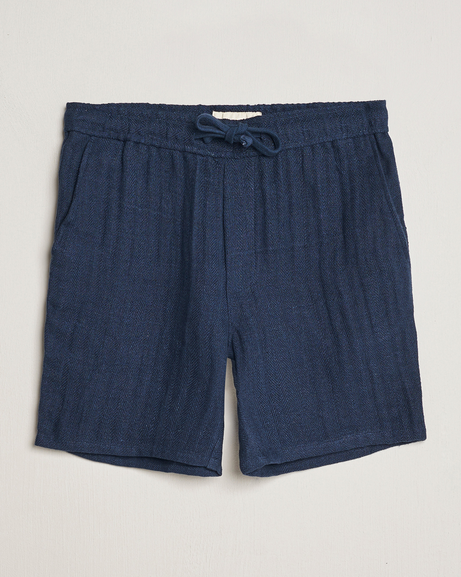 Herr | Shorts | A Day's March | Ipu Herringbone Linen Drawstring Shorts Indigo Blue