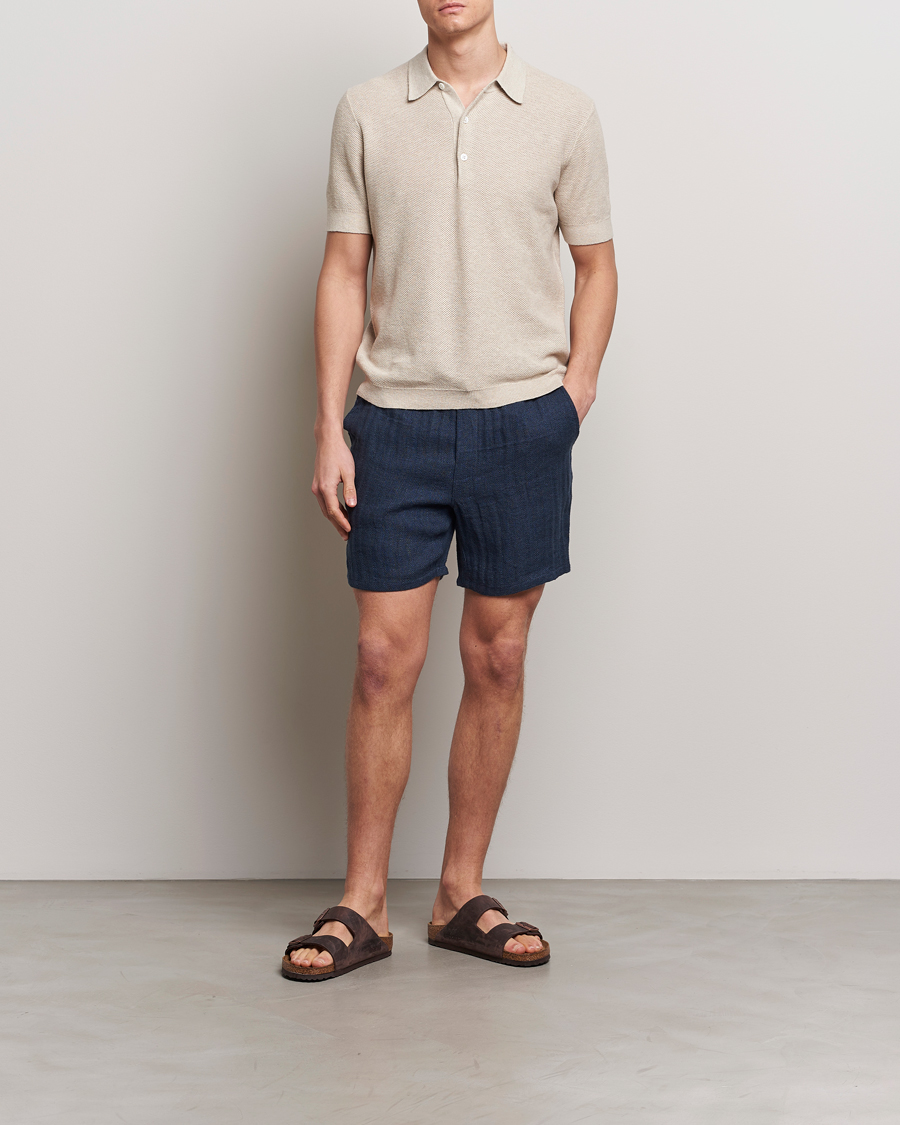 Herr | Shorts | A Day's March | Ipu Herringbone Linen Drawstring Shorts Indigo Blue