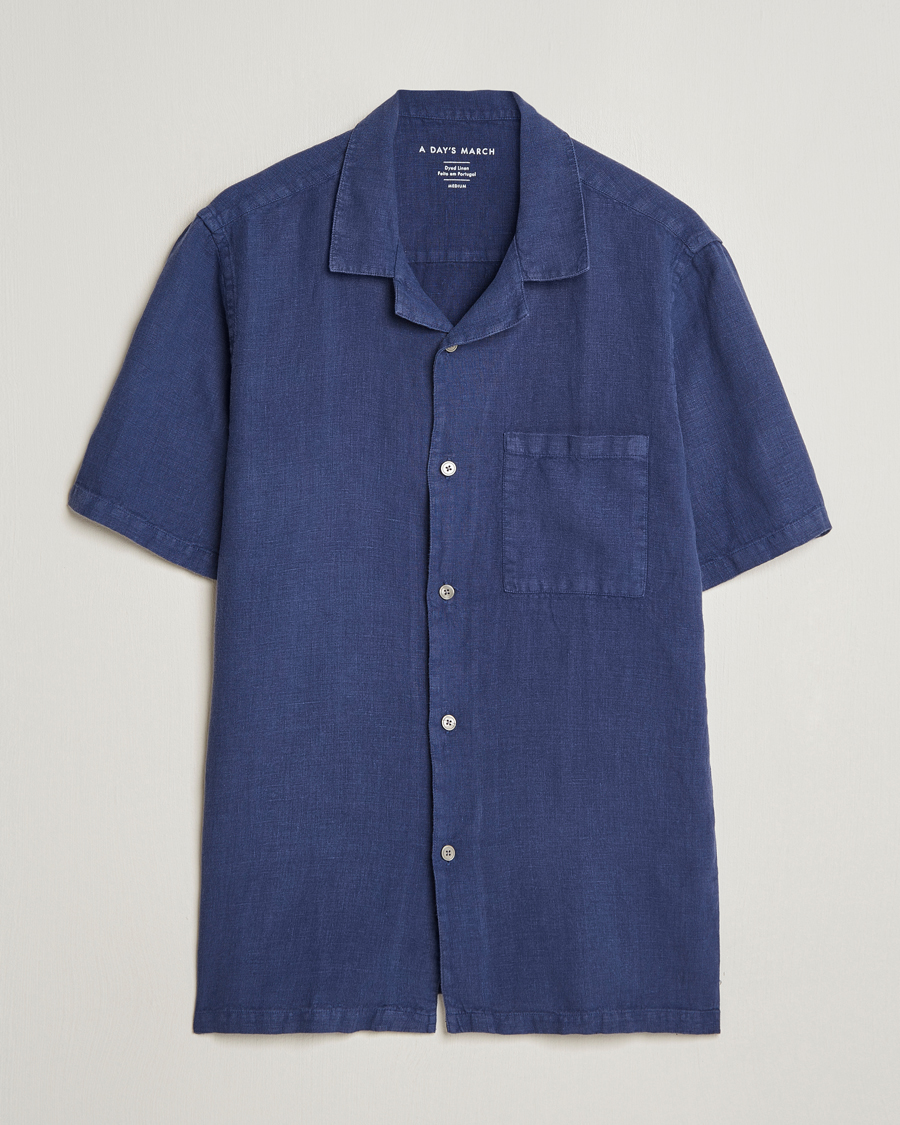 Herr | Senast inkommet | A Day's March | Yamu Short Sleeve Linen Shirt Brewers Blue