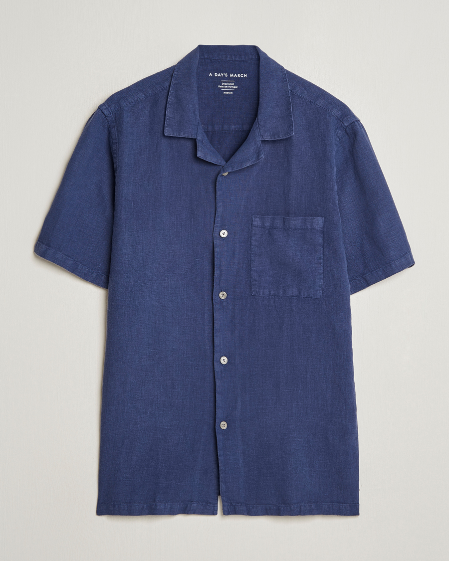 Herr | Skjortor | A Day's March | Yamu Short Sleeve Linen Shirt Brewers Blue