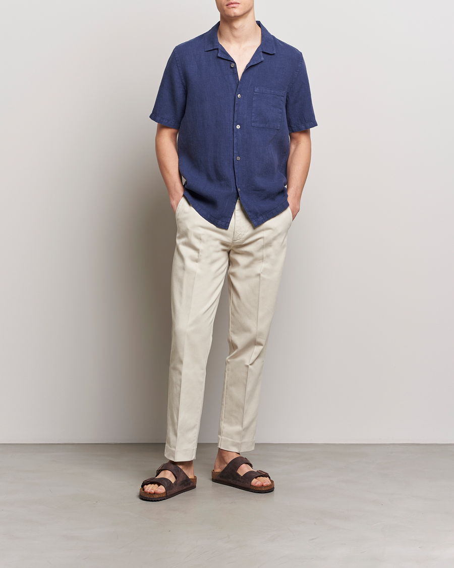 Herr | Skjortor | A Day's March | Yamu Short Sleeve Linen Shirt Brewers Blue