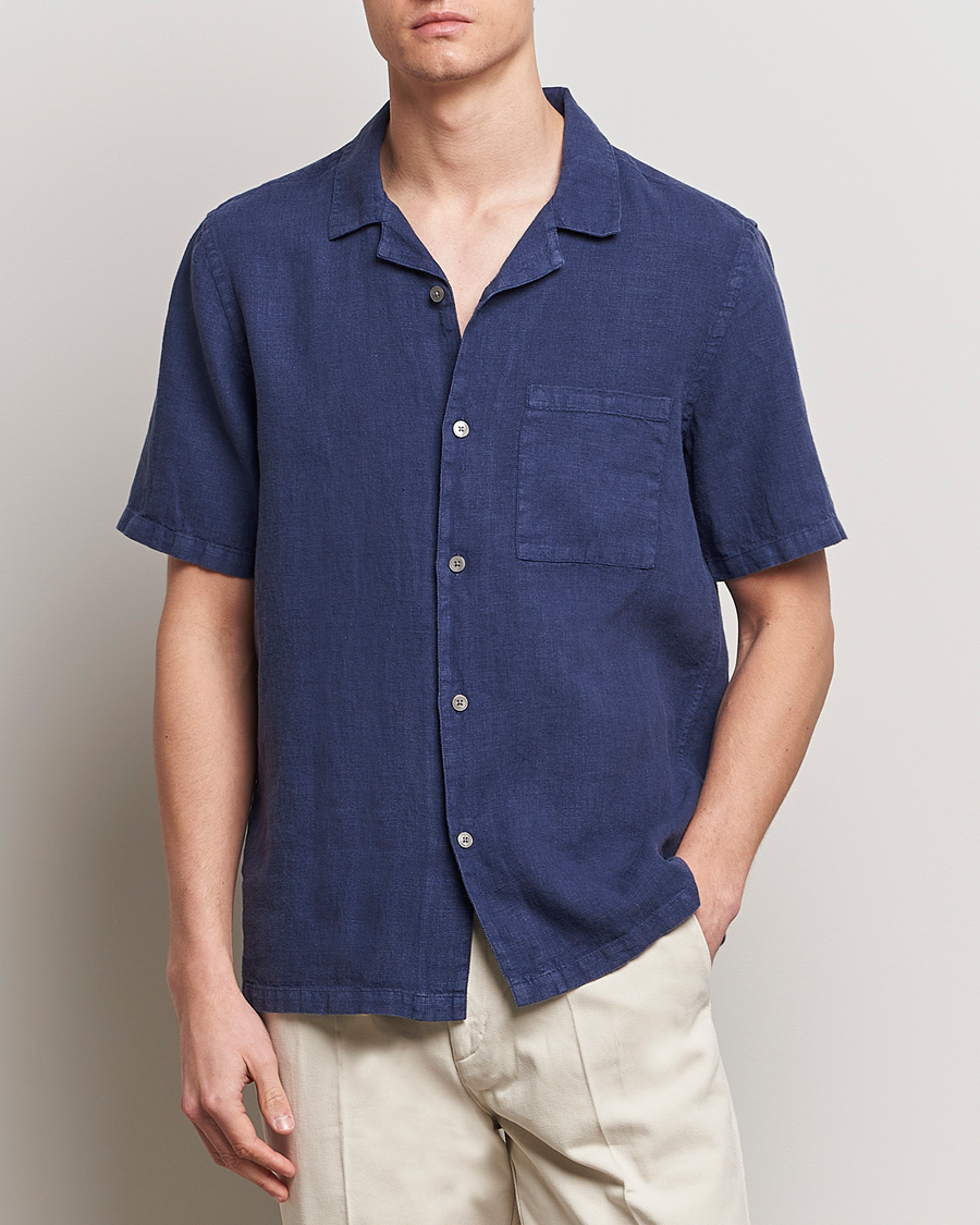 Herr | Linneavdelningen | A Day\'s March | Yamu Short Sleeve Linen Shirt Brewers Blue