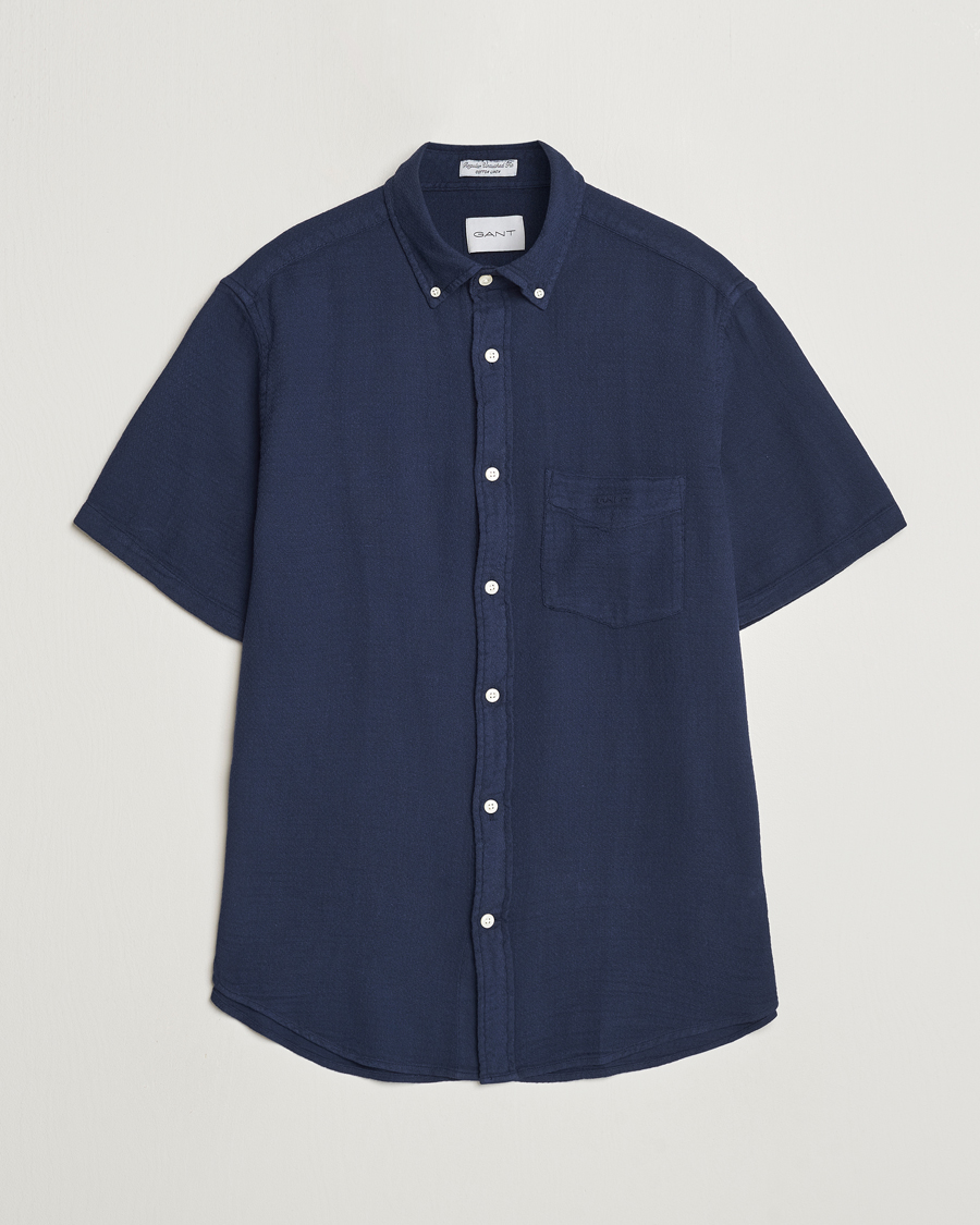 Herr | Skjortor | GANT | Cotton/Linen Texture Short Sleeve Shirt Evening Blue